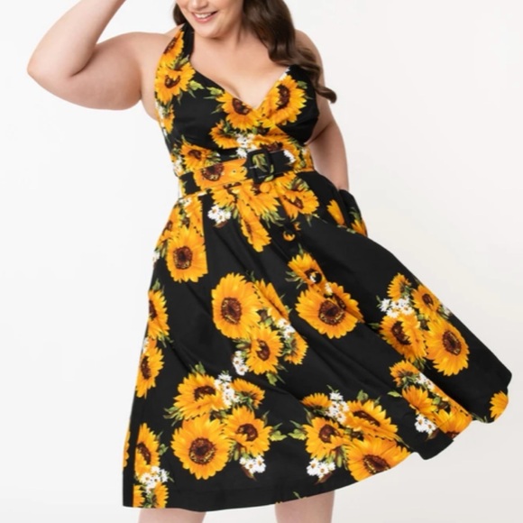 Unique Vintage Black Sunflower Print Tarrytown Hostess Halter Dress 4X // 22 24 - Picture 11 of 16